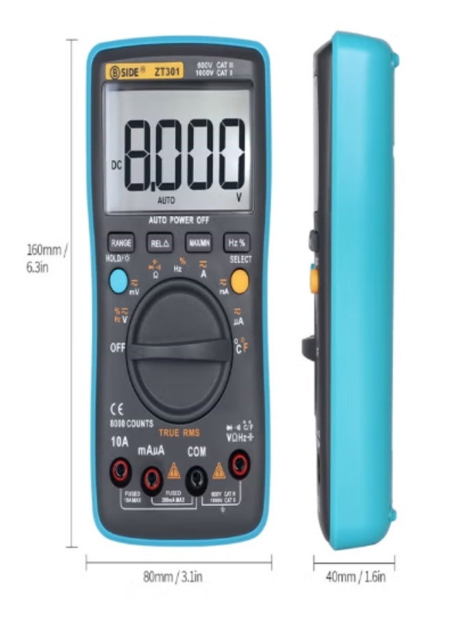 BSIDE Digital Multimeter AC DC Voltage Current 8000 Counts ZT301 Portable Handheld Ammeter Ohm Capacitance Temperature Tester Auto/Manual Range Electrical Test Diagnostic Machine with True RMS Backlight Large LCD Display - Image 1